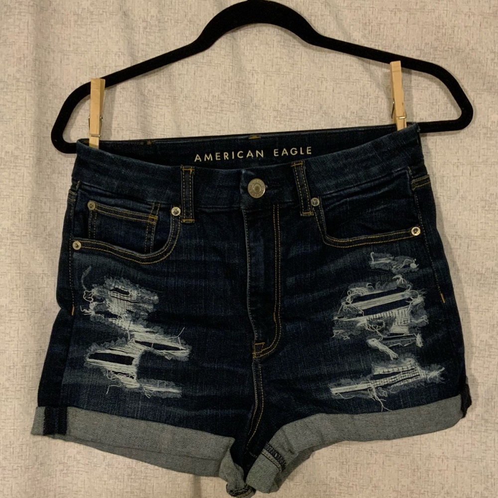 AEO Dark Blue Distressed Curvy Hi-Rise Shortie (Size 8)
